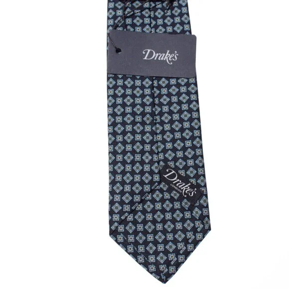Drake's NWT Neck Tie in Navy with Light Blue/White Geometric Pattern 100% Silk